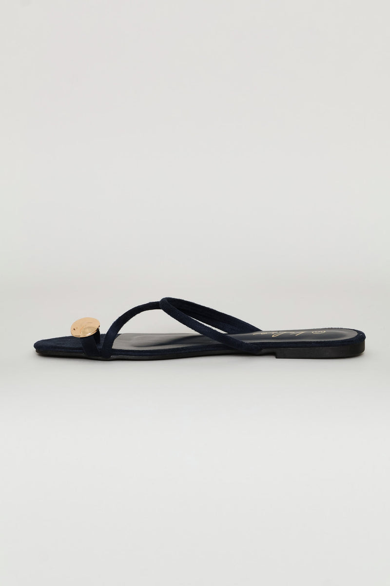 Metal Circle Trim Basic Toe Post Mule Sandal - Navy
