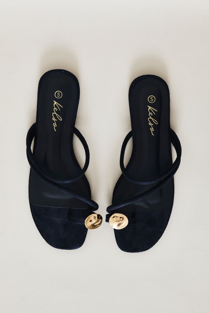 Metal Circle Trim Basic Toe Post Mule Sandal - Navy