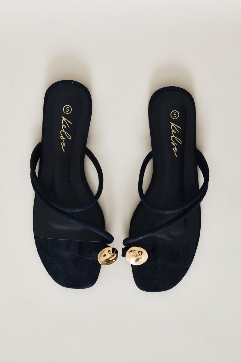 Metal Circle Trim Basic Toe Post Mule Sandal - Navy