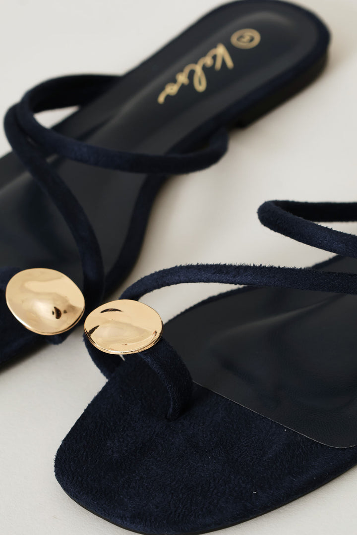 Metal Circle Trim Basic Toe Post Mule Sandal - Navy
