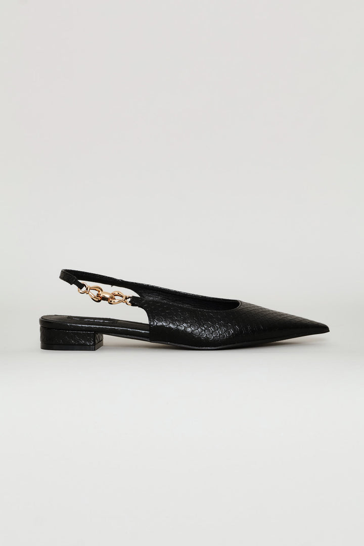 Side Trim Snake Skin Slingback - Black