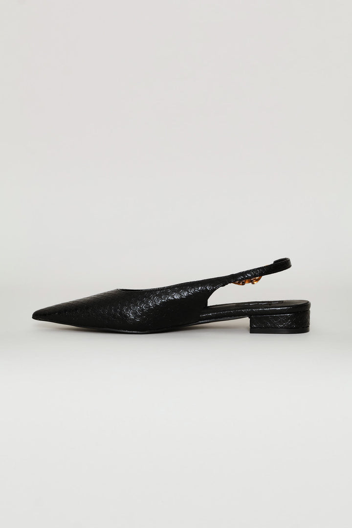 Side Trim Snake Skin Slingback - Black