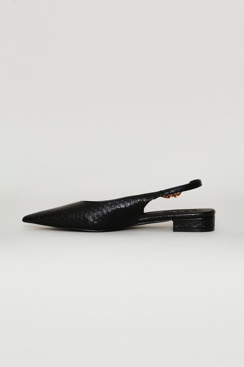 Side Trim Snake Skin Slingback - Black