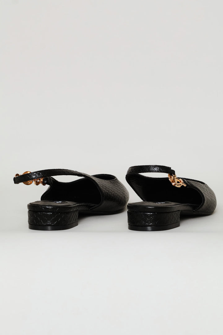 Side Trim Snake Skin Slingback - Black