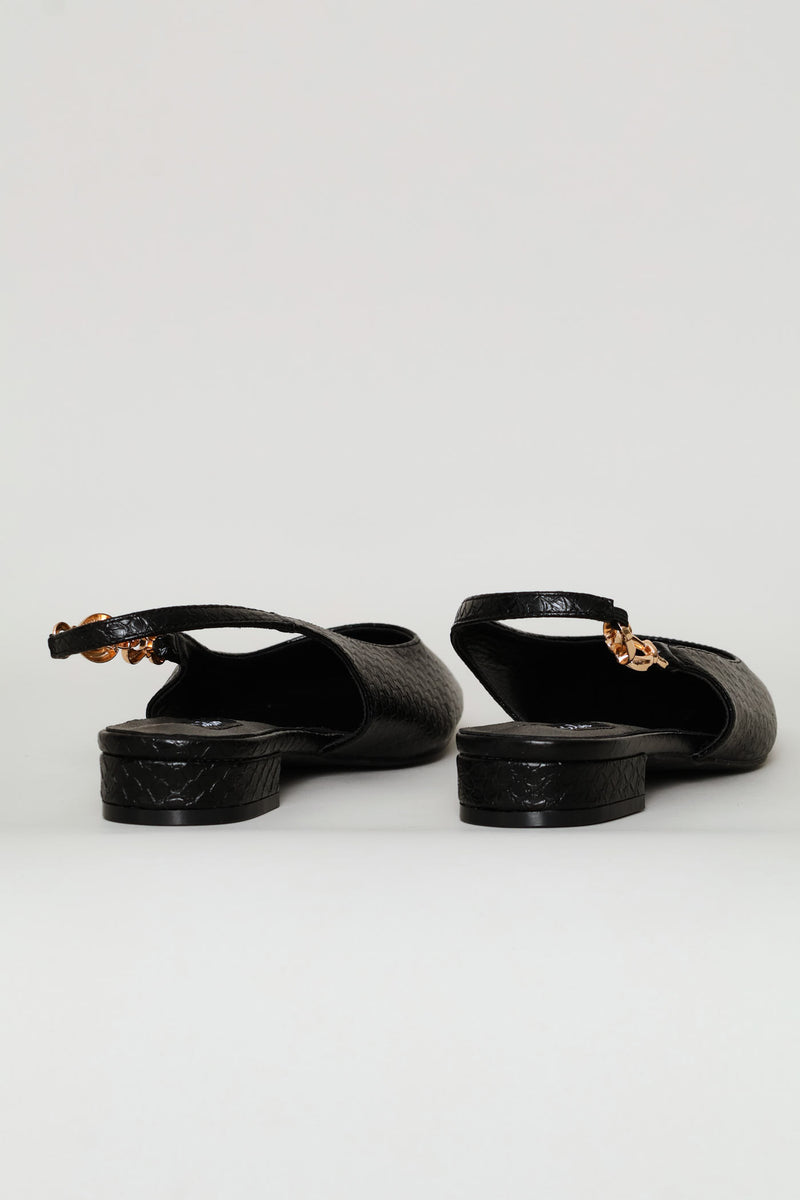 Side Trim Snake Skin Slingback - Black
