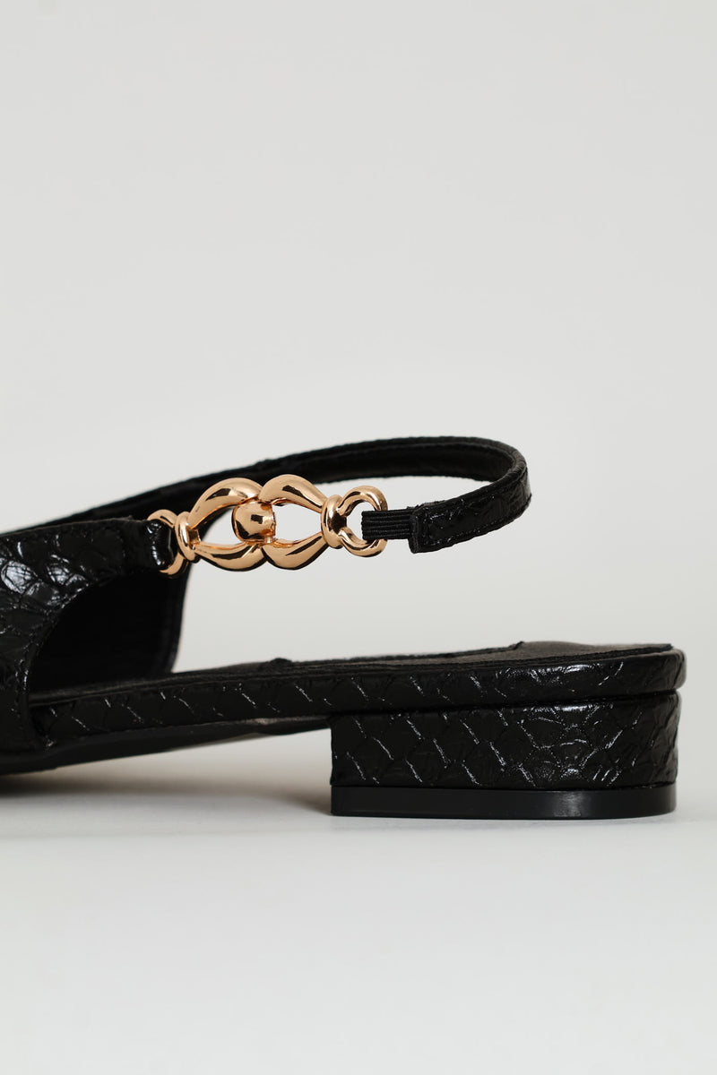 Side Trim Snake Skin Slingback - Black