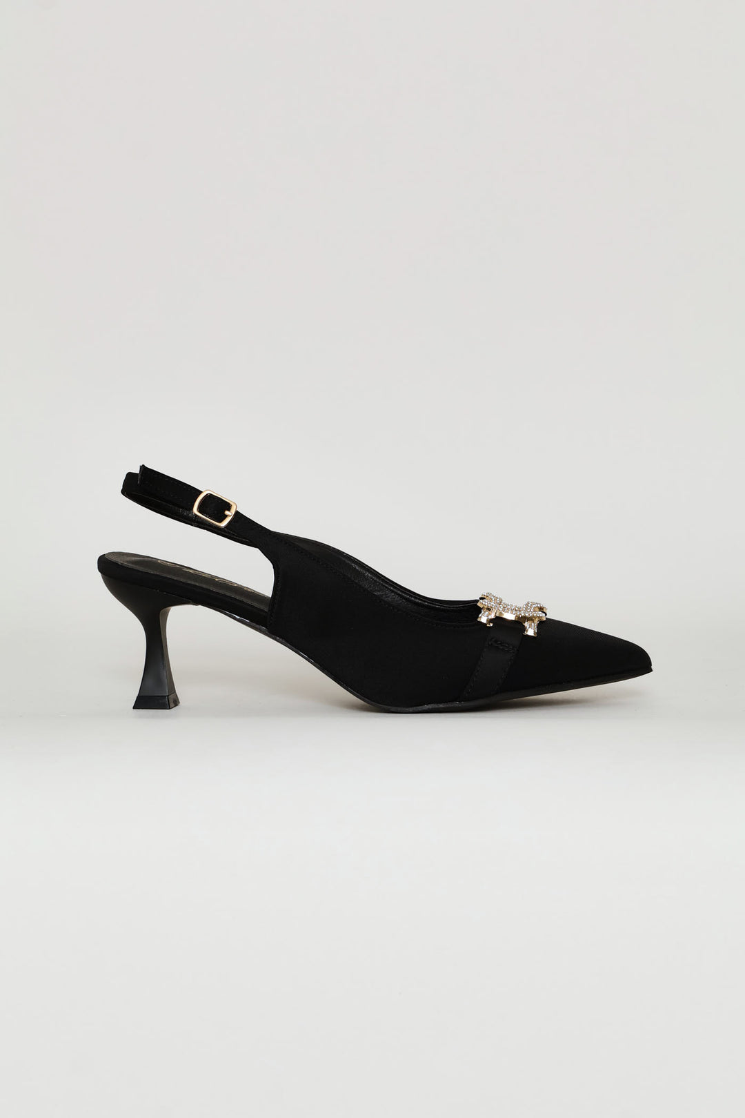 Diamante Trim Slingback Kitten Heel - Black