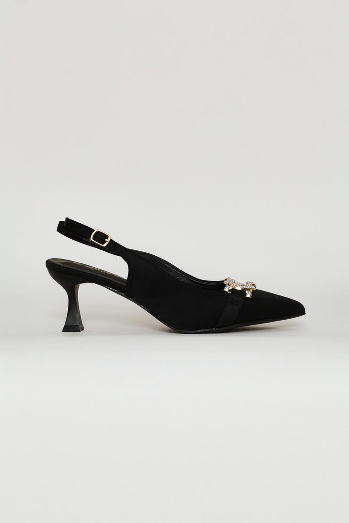 Diamante Trim Slingback Kitten Heel - Black