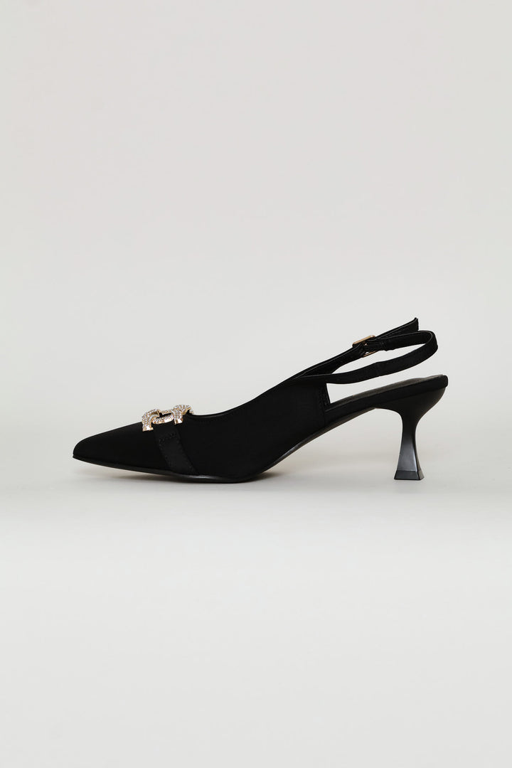 Diamante Trim Slingback Kitten Heel - Black