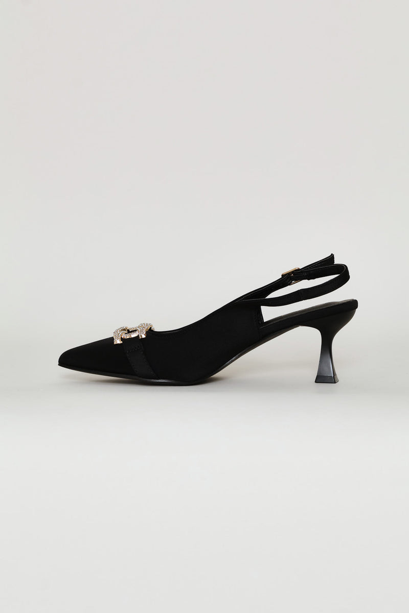 Diamante Trim Slingback Kitten Heel - Black