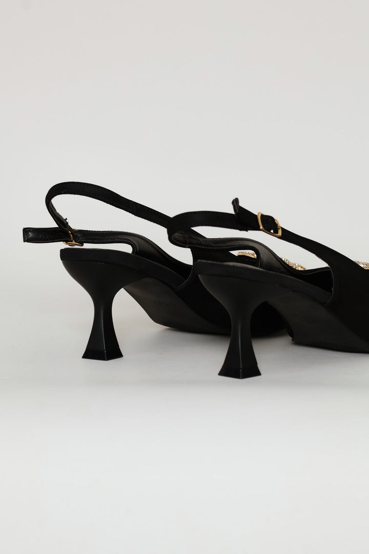 Diamante Trim Slingback Kitten Heel - Black