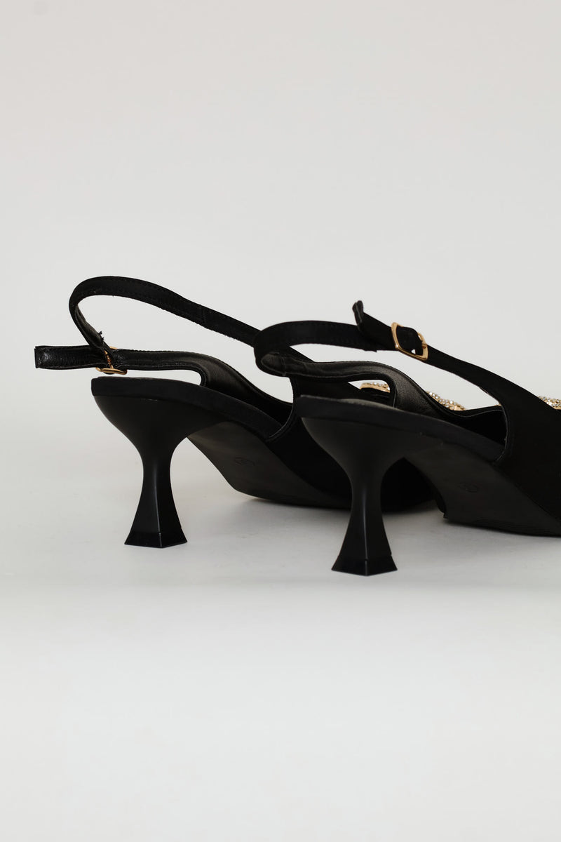 Diamante Trim Slingback Kitten Heel - Black