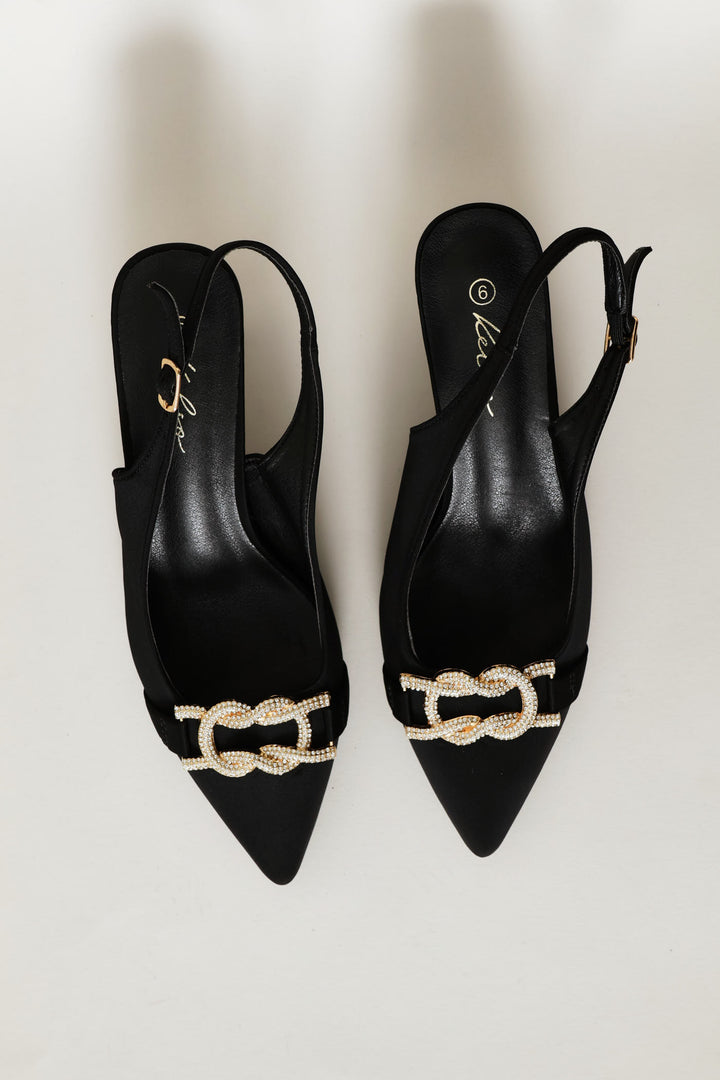 Diamante Trim Slingback Kitten Heel - Black