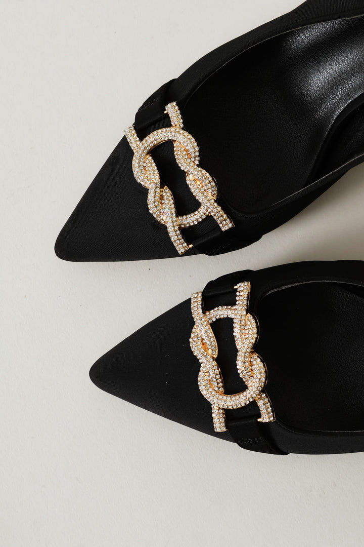 Diamante Trim Slingback Kitten Heel - Black