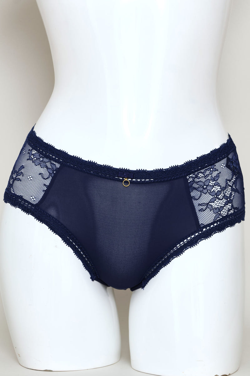 Microfibre & Lace Boyleg Panty - Navy