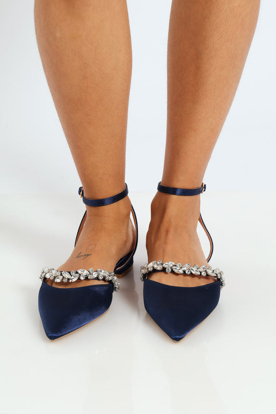 Pointy Jewel With Ankle Strap On Low Block Heel Navy Edgars