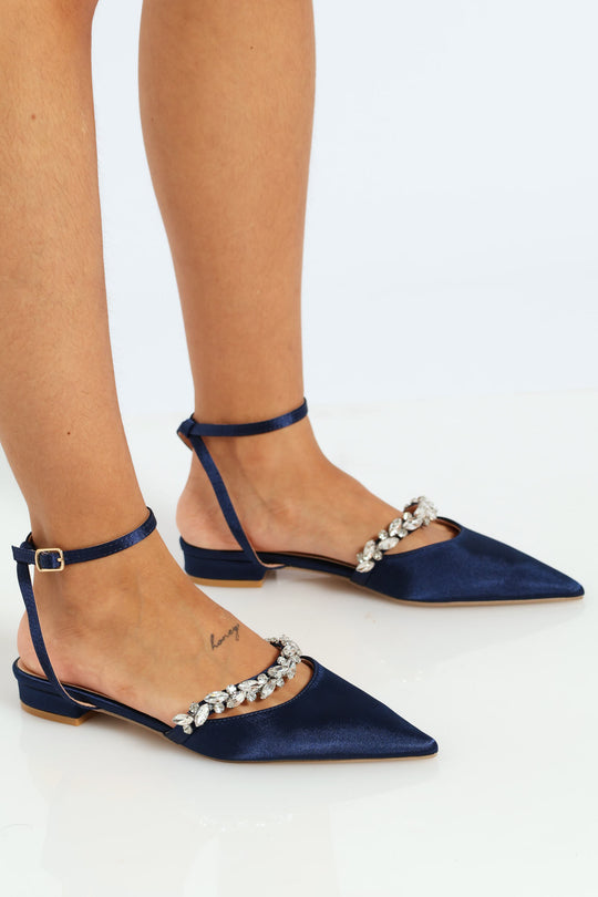 Pointy Jewel With Ankle Strap On Low Block Heel Navy Edgars