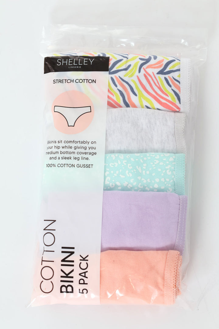 5 Pack Cotton Stretch Bikini Panties - Zebra/Grey Melange/Light Blue