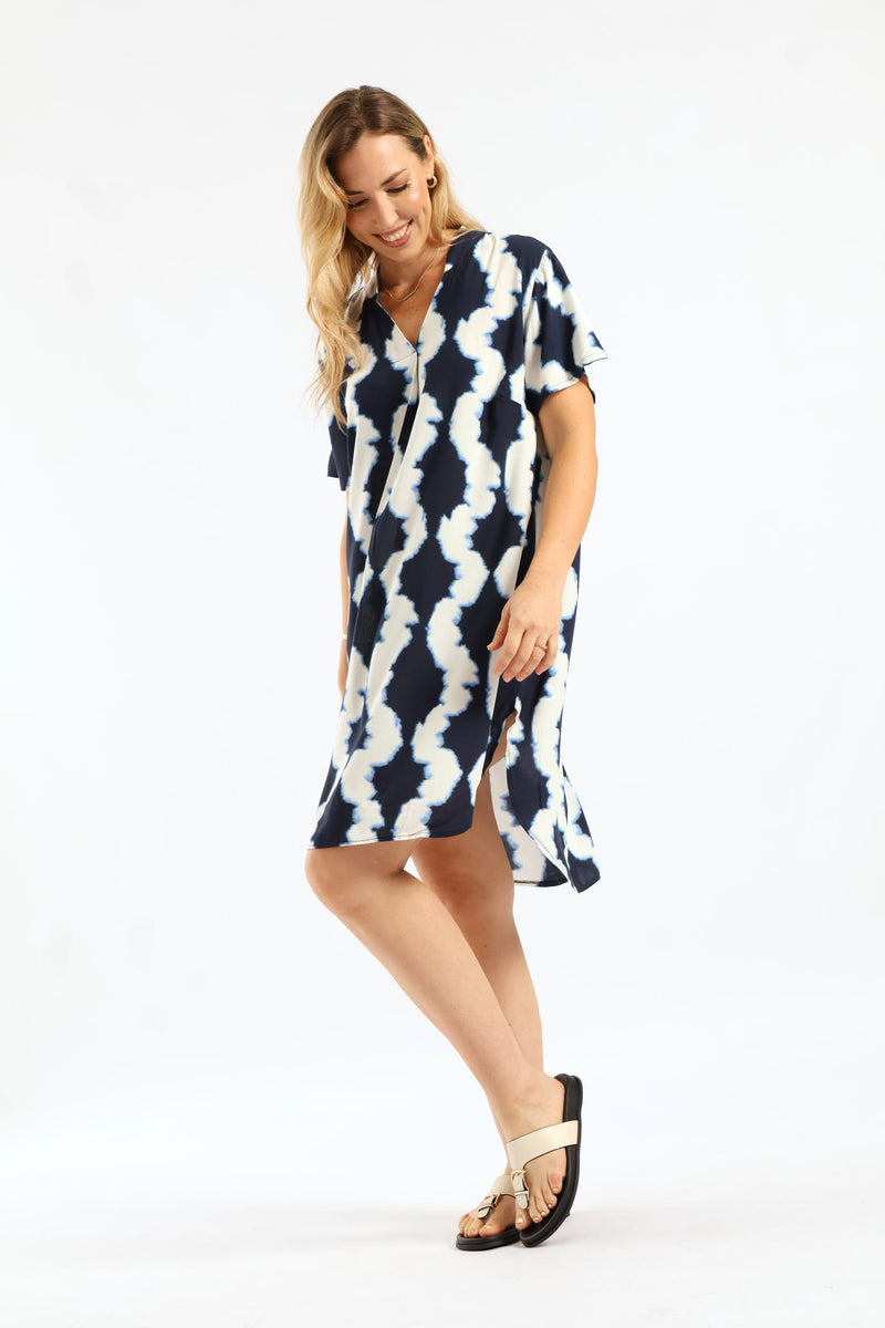 Mandarin Printed Shift Dress - Navy/White
