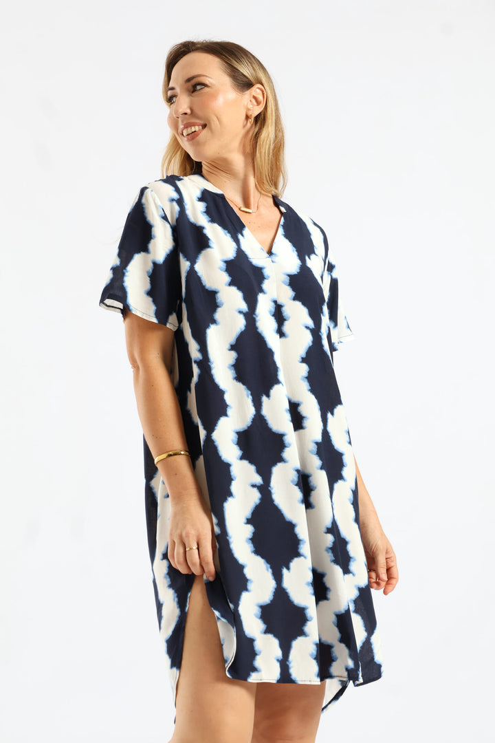 Mandarin Printed Shift Dress - Navy/White