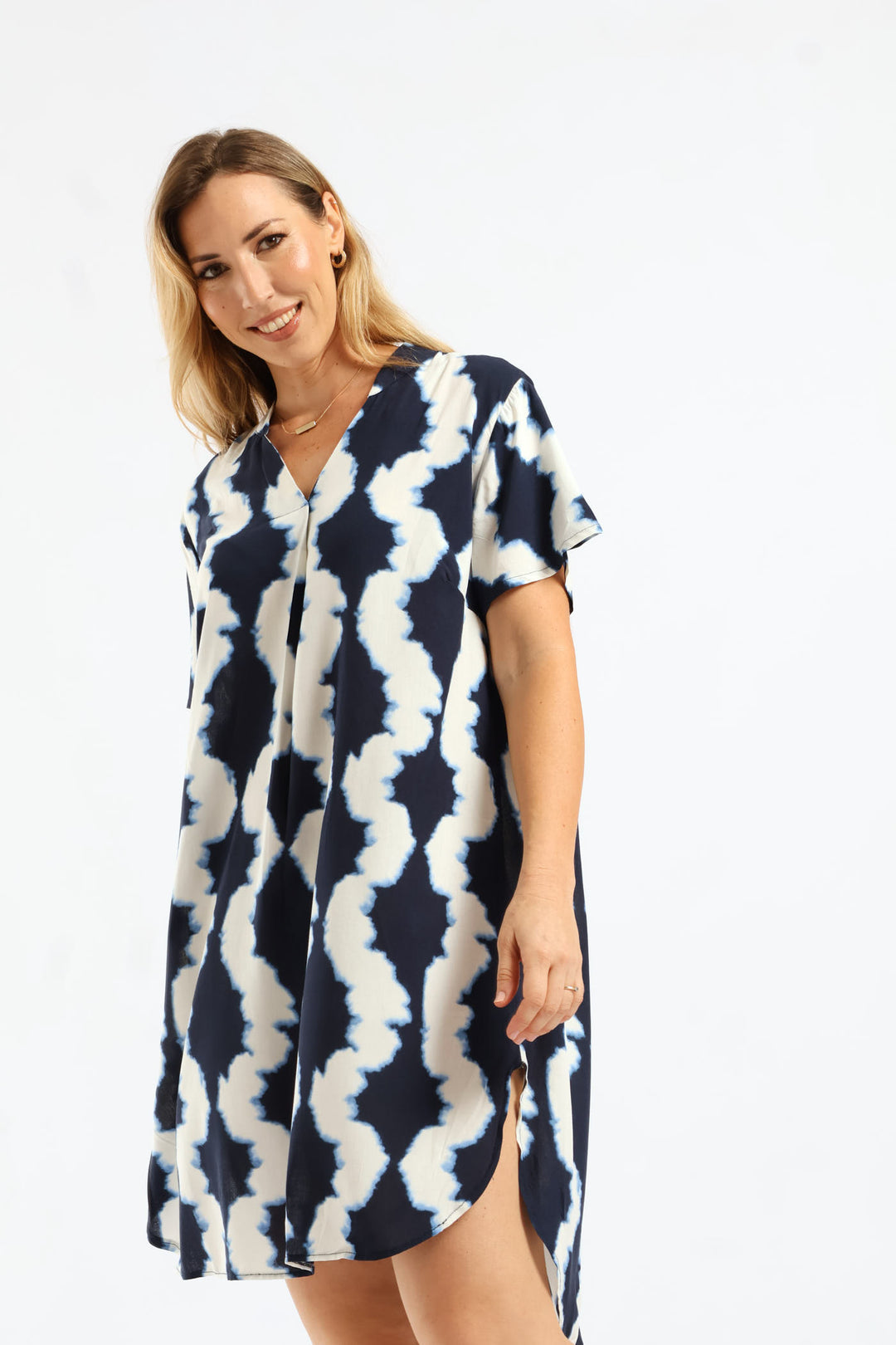 Mandarin Printed Shift Dress - Navy/White