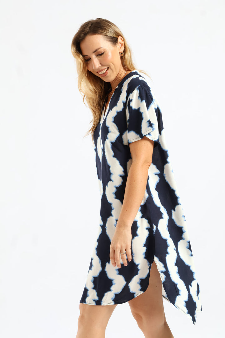 Mandarin Printed Shift Dress - Navy/White