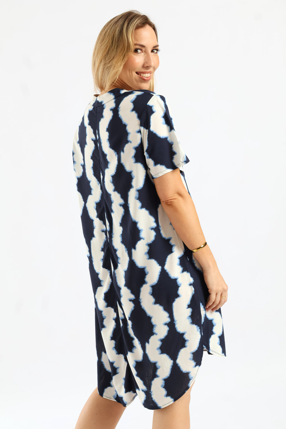 Mandarin Printed Shift Dress - Navy/White