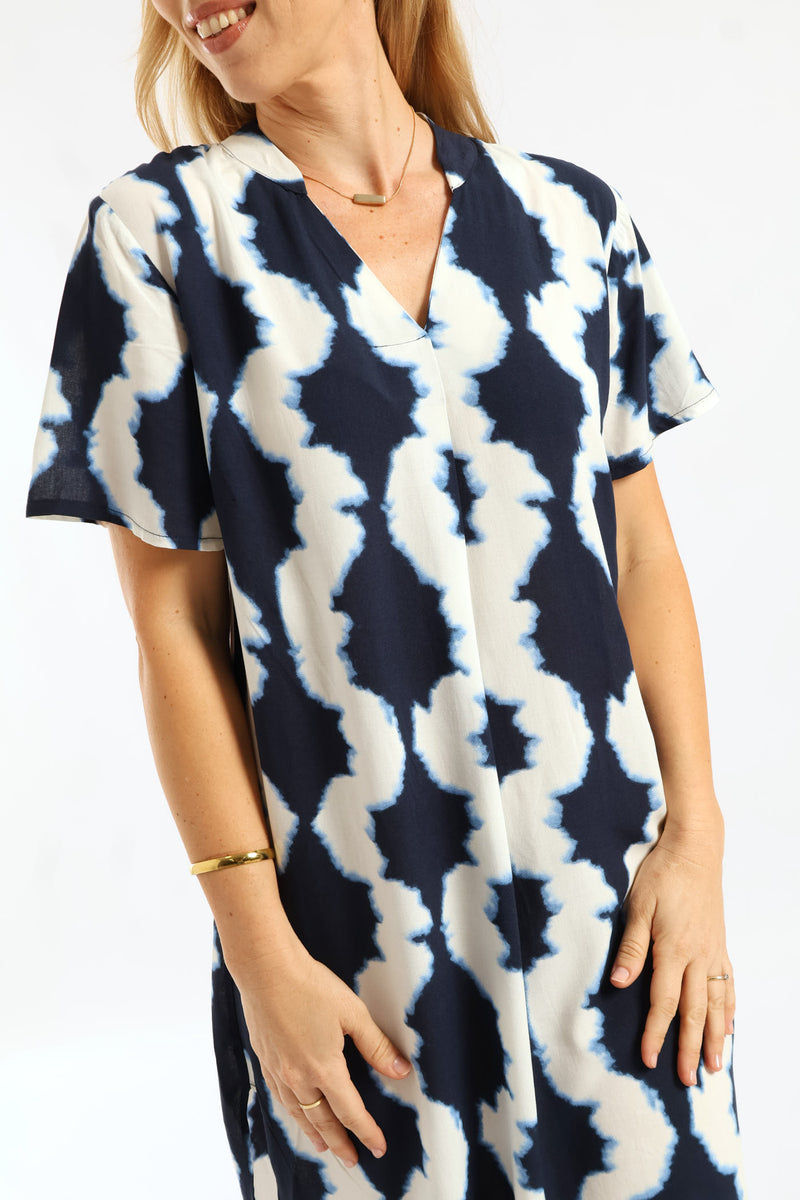 Mandarin Printed Shift Dress - Navy/White
