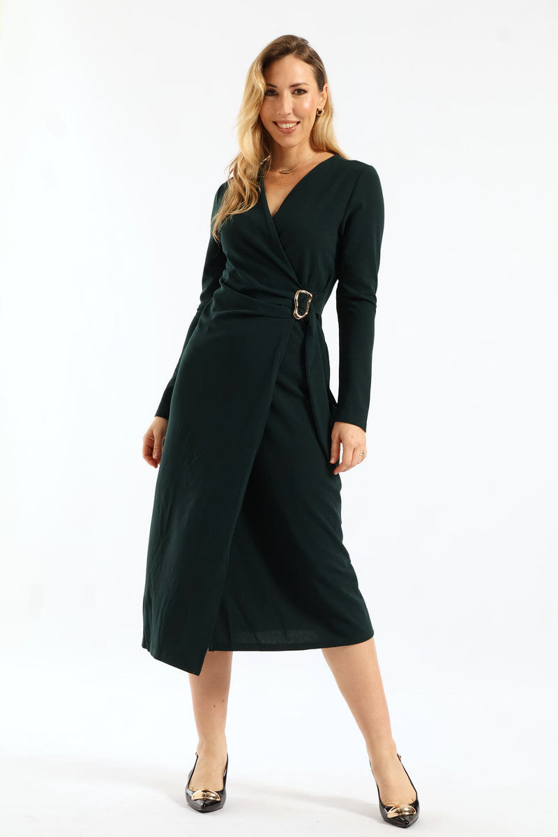 Wrap Buckle Midi Dress - Bottle Green