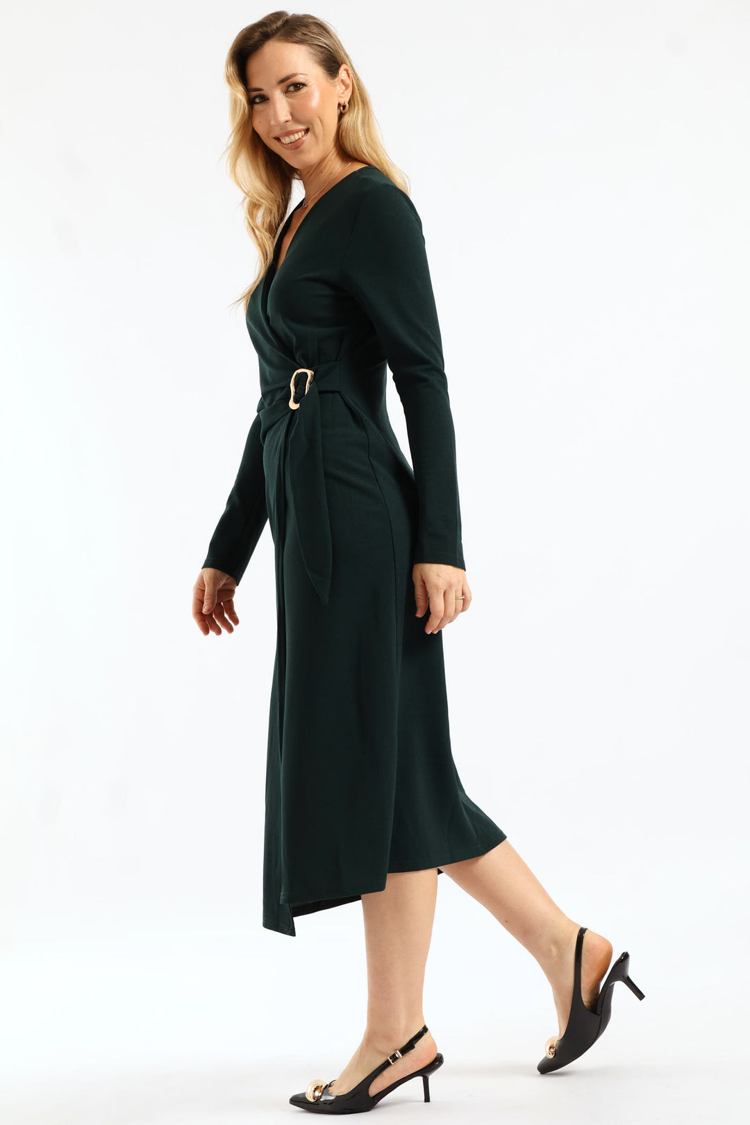 Wrap Buckle Midi Dress - Bottle Green