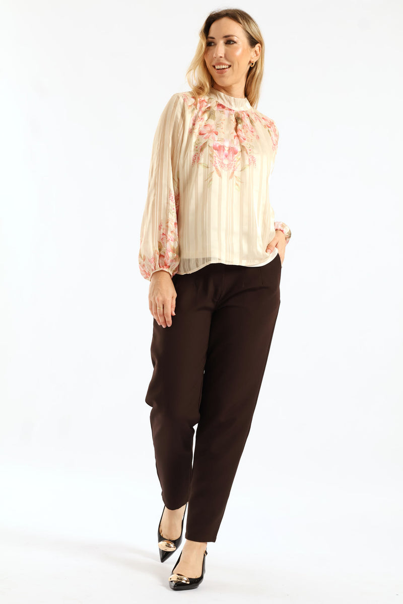 Hi Neck Floral Blouse - Cream