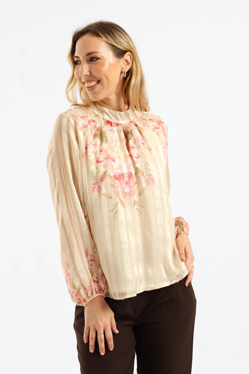 Hi Neck Floral Blouse - Cream