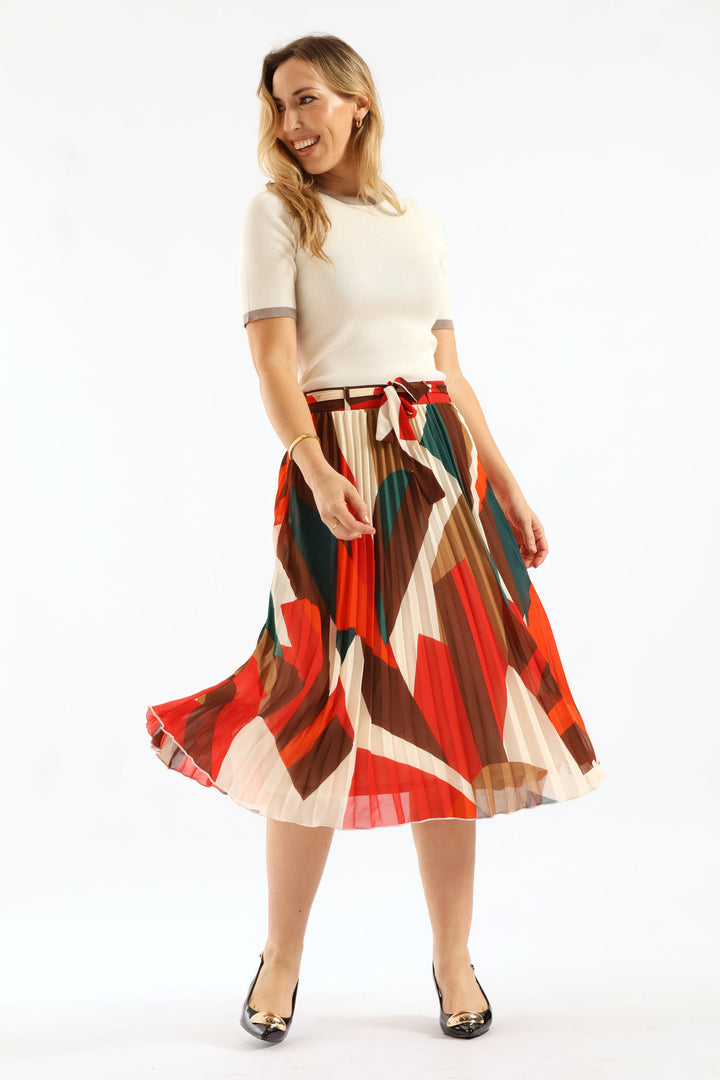 Belted Chiffon Pleated Midi Skirt - Multi