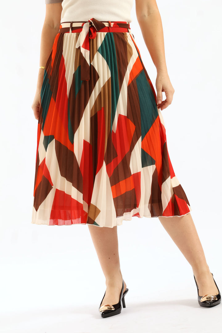 Belted Chiffon Pleated Midi Skirt - Multi