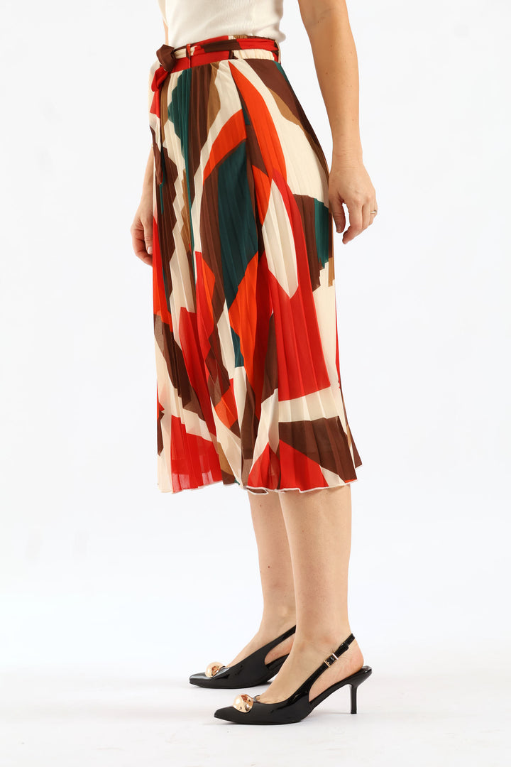 Belted Chiffon Pleated Midi Skirt - Multi