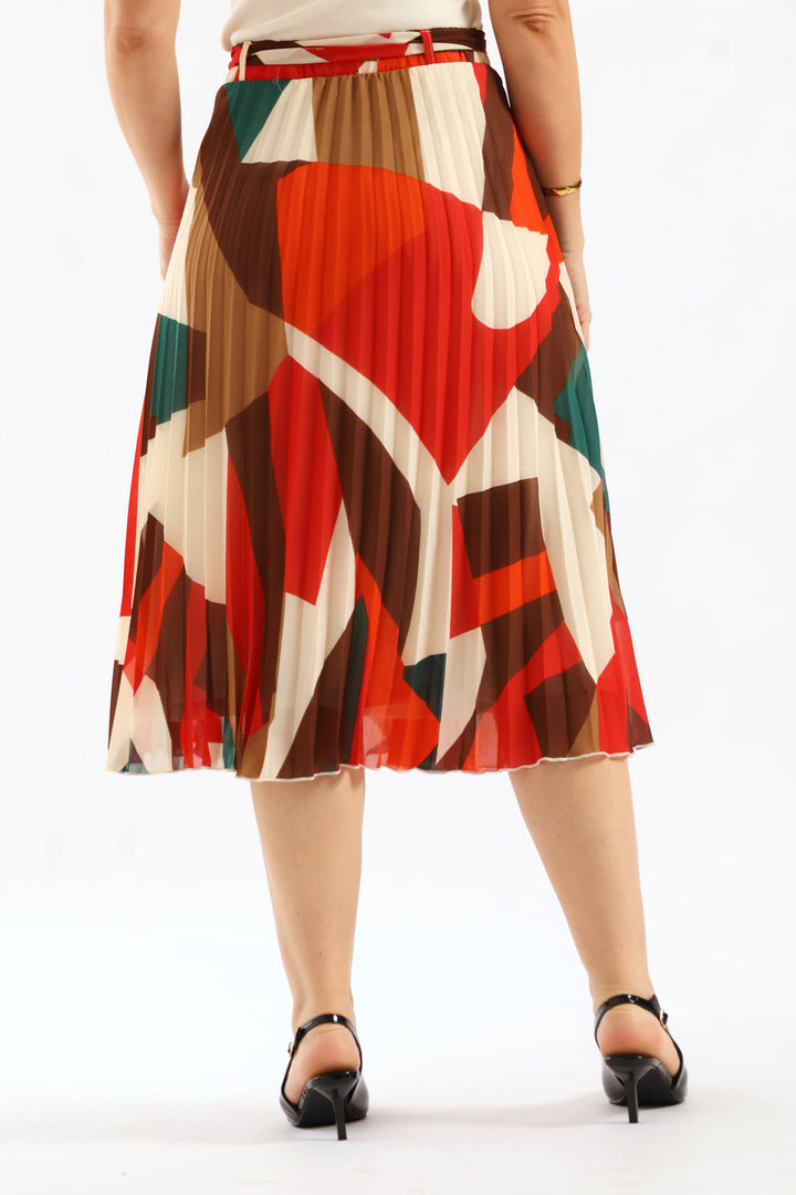 Belted Chiffon Pleated Midi Skirt - Multi