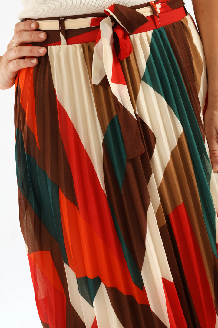 Belted Chiffon Pleated Midi Skirt - Multi