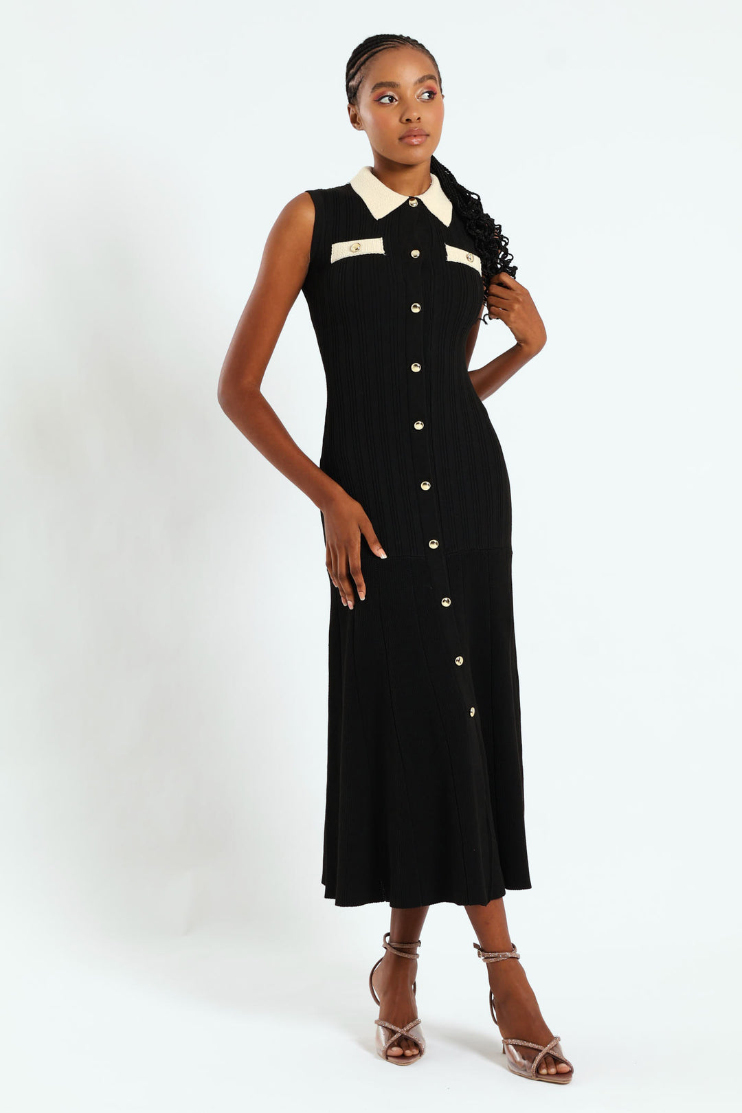Collared Preppy Knitwear Maxi Dress - Black