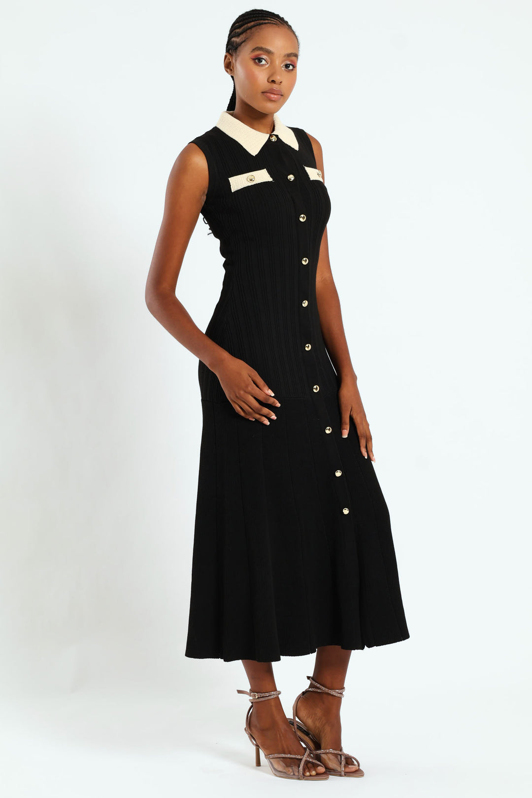 Collared Preppy Knitwear Maxi Dress - Black