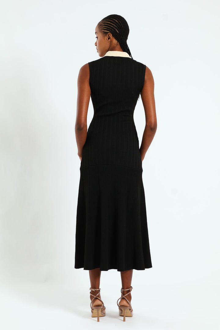 Collared Preppy Knitwear Maxi Dress - Black