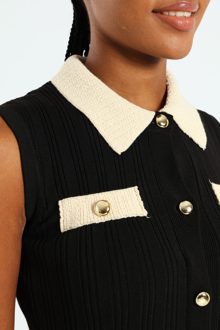 Collared Preppy Knitwear Maxi Dress - Black