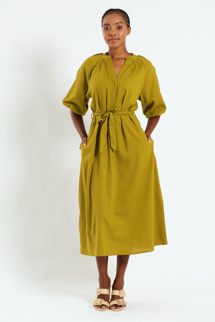 Bubble Sleeve Half Placket Belted Midaxi Dress - Chartreuse