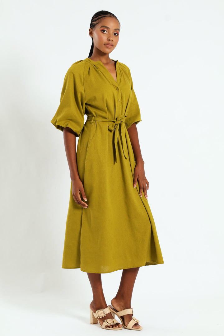 Bubble Sleeve Half Placket Belted Midaxi Dress - Chartreuse
