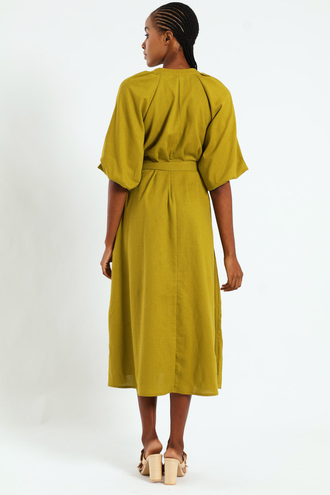 Bubble Sleeve Half Placket Belted Midaxi Dress - Chartreuse
