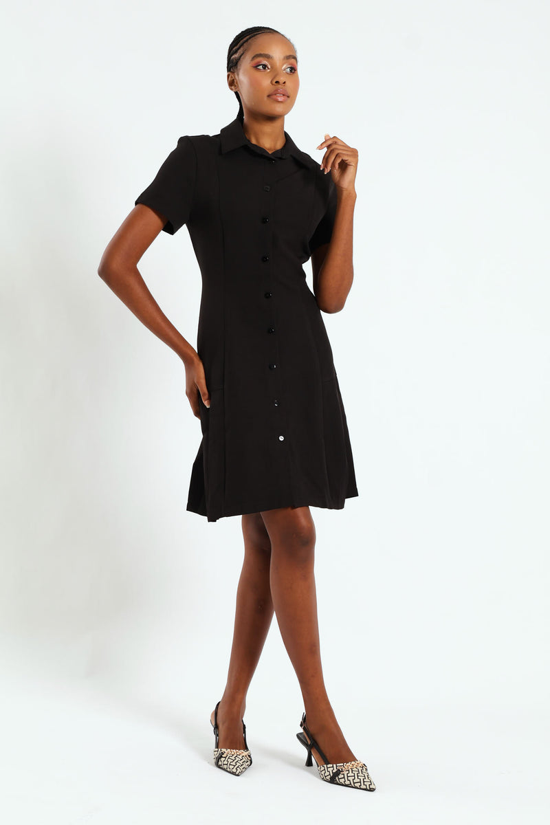 Ladies Button Through Pleated Work Dress