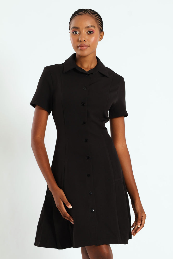 Button Through Pleated Work Dress - Black
