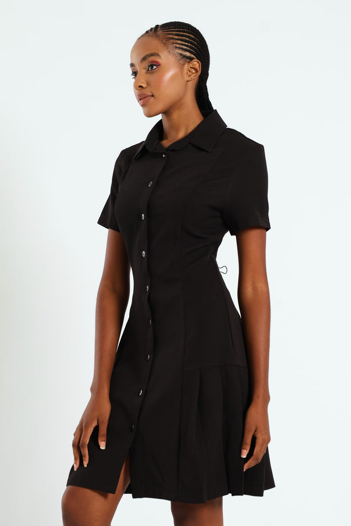 Button Through Pleated Work Dress - Black
