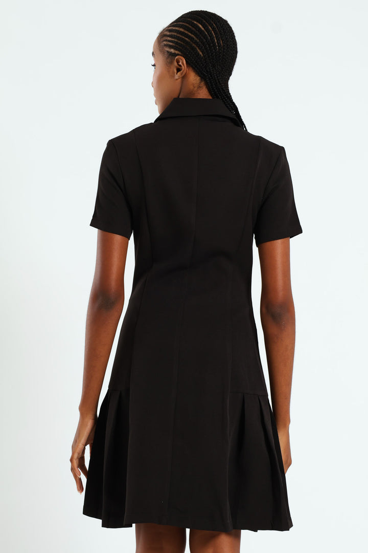 Button Through Pleated Work Dress - Black