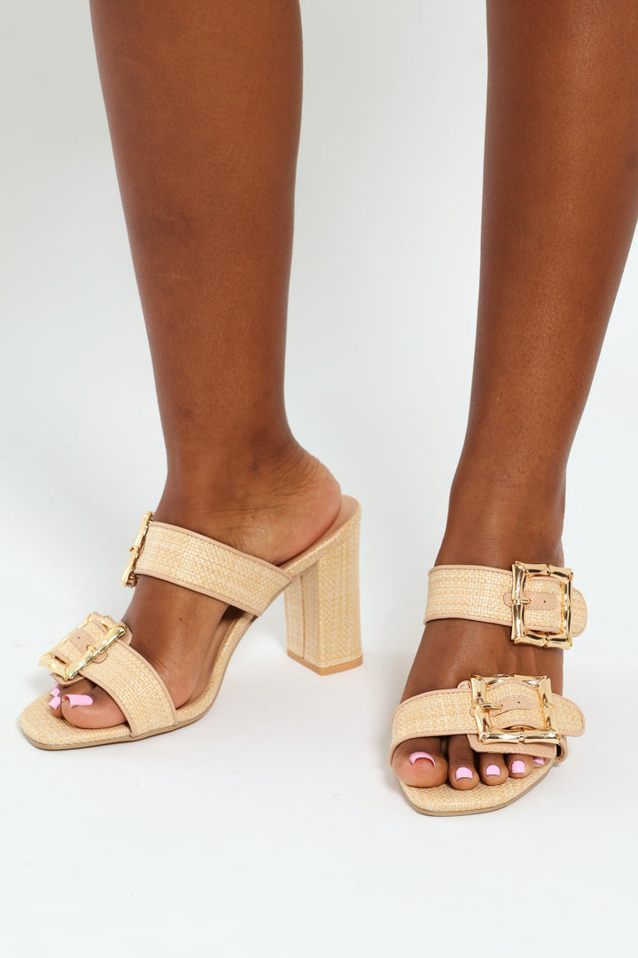 Raffia Block Heel Sandal With Bamboo Buckle Detail - Natural