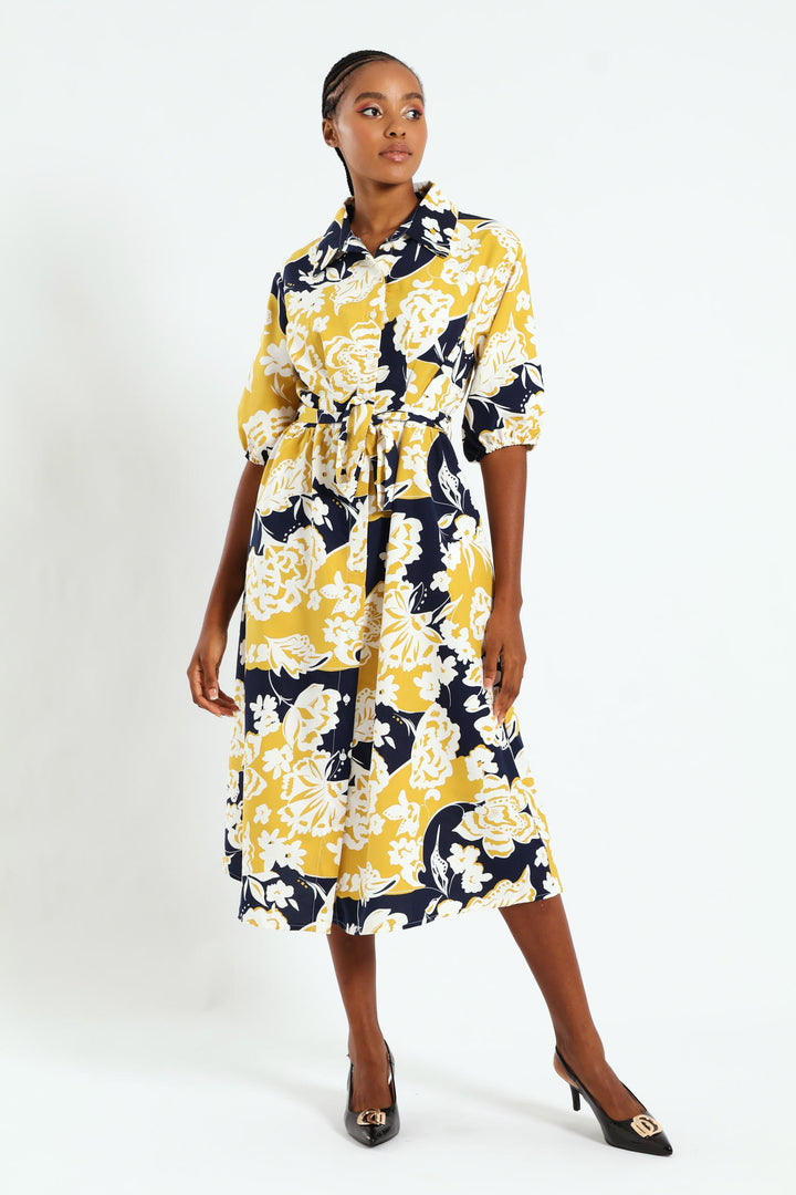 Button Through Collared Belted Midi Dress - Multi